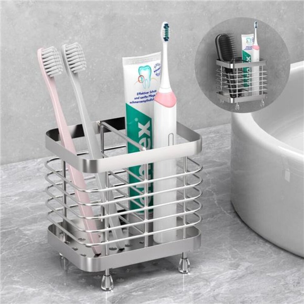 Stainless Steel Toothbrush Holder Wall Mounted Countertop Bathroom Organizer